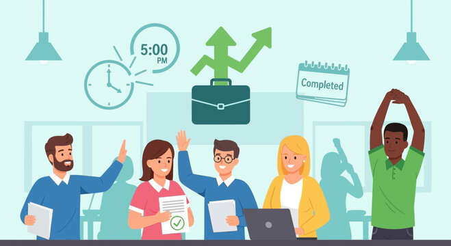 Teamwork success, business growth and end of workday celebration in office