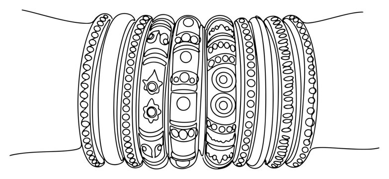 Stacked indian bangles on wrist with intricate patterns in continuous line style