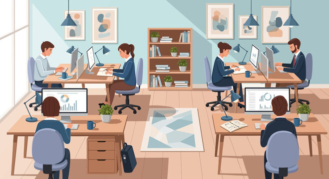 Modern office interior with diverse employees working on computers, collaborative workspace.