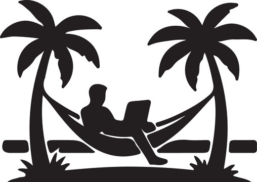 Man working on laptop in hammock between palm trees on beach silhouette vector icon