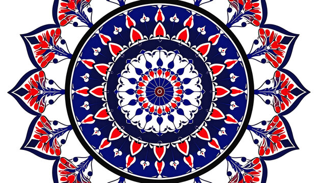 intricate circular floral pattern with red blue and white repeating elements, decorative mandala design, symmetrical, ornamental, suitable for fabric or wallpaper