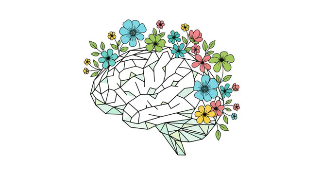 Geometric brain with colorful flowers symbolizing mental health and growth.