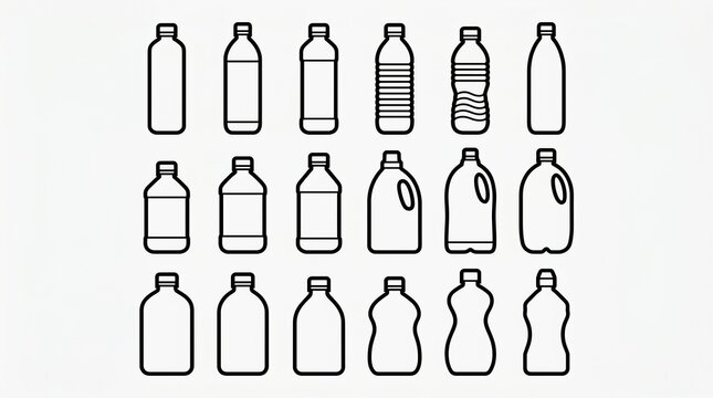 Nine outlined plastic bottles and containers arranged in a 3x3 grid, showcasing diverse packaging shapes for liquids and household products.