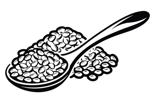 Black and White Lentils on a Flat Spoon Silhouette Vector Illustration