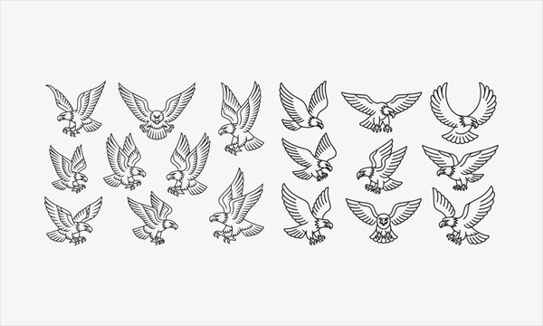 Bald eagle in black line art, traditional old school tattoo style line art icon set vector illustration