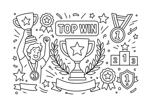 Award Trophy Victory. Clean outline banner scene of winning achievement symbols: champion holding oversized trophy cup and medal, large award cup and laurel wreath as main objects, small ribbon, star,