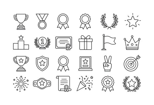 Award Trophy Victory. Line icon set of awards trophies and winner symbols: trophy cup, medal, ribbon medal, rosette badge, laurel wreath, winner star, podium, first place number one, certificate,