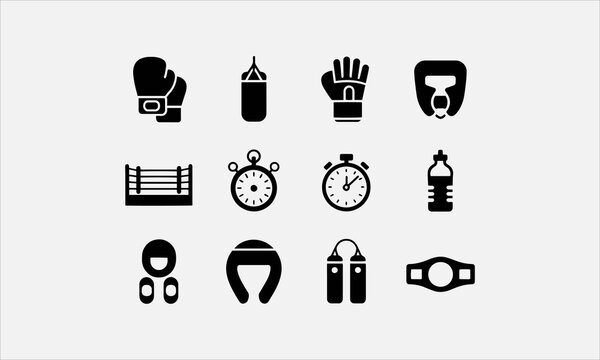 Boxing gloves fighting sport accessories black and white equipment silhouette and line art icon set flat vector illustration