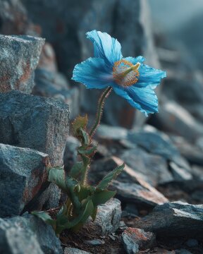 A rare blue poppy blooms defiantly amidst a stark, rocky terrain, showcasing nature's delicate resilience in an alpine setting.