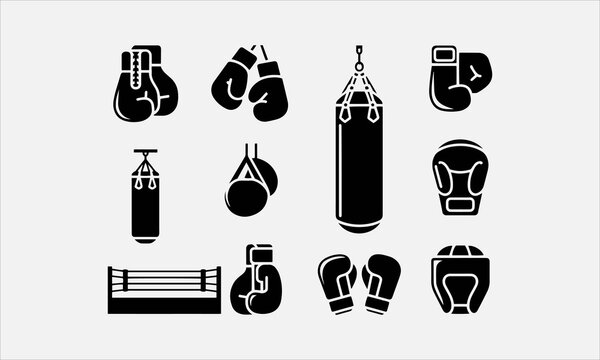 Boxing punching bags in vintage monochrome sty lesilhouette and line art vector icon set  of Illustrations of  Design element for label, sign, emblem, poster vector illustration