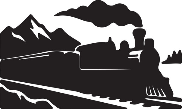 Vintage steam train locomotive traveling through mountain landscape silhouette vector