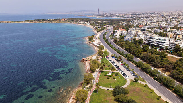 Aerial drone photo of famous seascape of Athens Riviera with crystal clear beaches, Voula, Saronic gulf, Attica, Greece