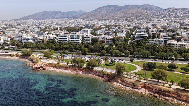 Aerial drone photo of famous seascape of Athens Riviera with crystal clear beaches, Voula, Saronic gulf, Attica, Greece