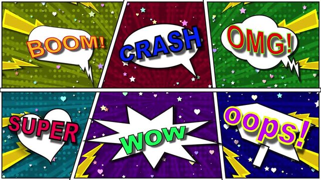 Animated Comic Book Page Layout Featuring Vibrant Multi-colored Panels With Classic Pop Art Onomatopoeia Like Boom, Crash, Wow, And Omg. The Design Includes Halftone Dots, Radial Rays, Lightning Bolts