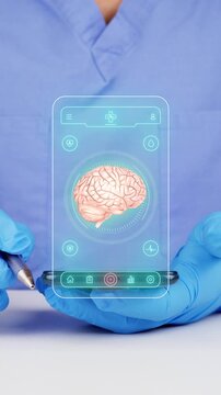 The doctor uses a telemedicine and artificial intelligence mobile application interface. Digital brain monitoring, detection of neurological and degenerative diseases. Brain Health Technology