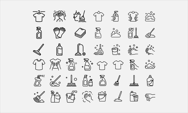 Cleaning mop, Rubber gloves and Shampoo and spray silhouette and line art vector icon set. Clean bubbles, Bucket and Dry t-shirt signs. Spray, Hold t-shirt and vector illustration