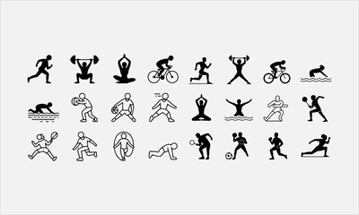 Fototapeta premium Exercise glyph solid icons. Containing fitness, gym, wellbeing, hobby solid silhouette and line art vector icon set collection. Vector illustration