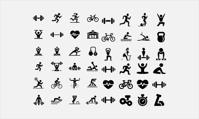 Obraz premium Exercise glyph solid icons. Containing fitness, gym, wellbeing, hobby solid silhouette and line art vector icon set collection. Vector illustration