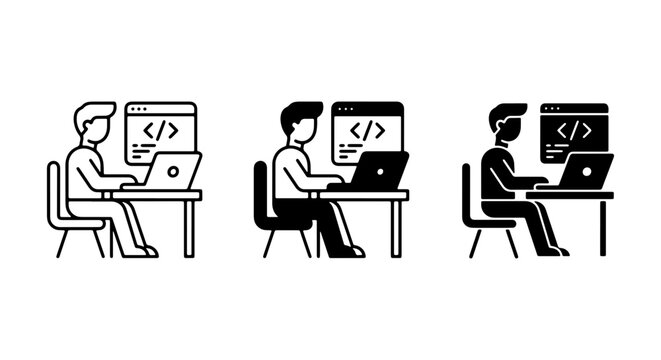 Programmer Icon Set, Coder at Desk with Laptop and Code Screen, Developer Workflow Vector Graphics