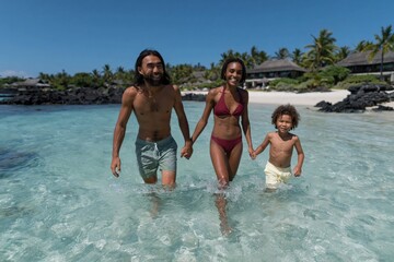 Obraz premium Family walking hand in hand through shallow tropical water
