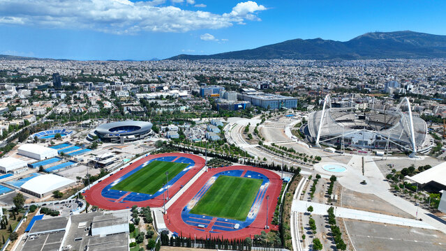 Aerial drone scenic view of sports facilities of OAKA sports compex designed by Santiago Calatrava, Marousi, Attica, Greece