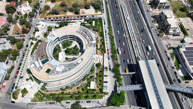 Aerial drone photo of famous Kaizen gaming round building campus next to the mall of Athens, Marousi, Attica, Greece