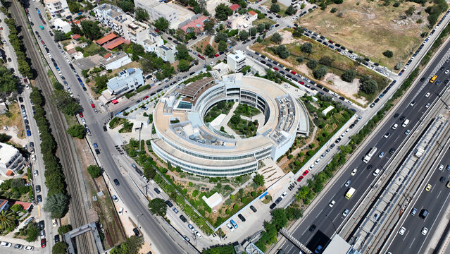 Aerial drone photo of famous Kaizen gaming round building campus next to the mall of Athens, Marousi, Attica, Greece