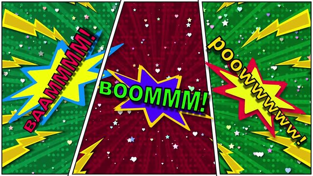 Vibrant Comic Book Style Action Triptych Featuring Explosive Sound Effect Bubbles Reading Baammmm!, Boommm!, And Poowwwwwww! With Bright Yellow Lightning Bolts, Stars, And Hearts Over A Halftone Green