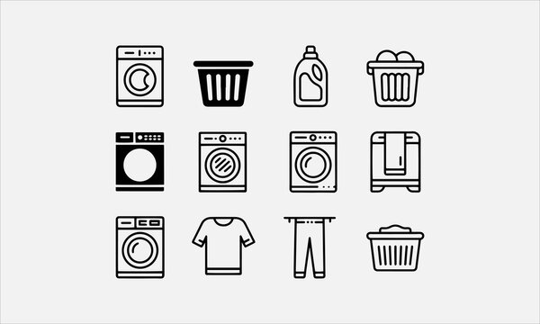 Laundry icons. Dryer, Washing machine silhouette and line art icon set vector illustration
