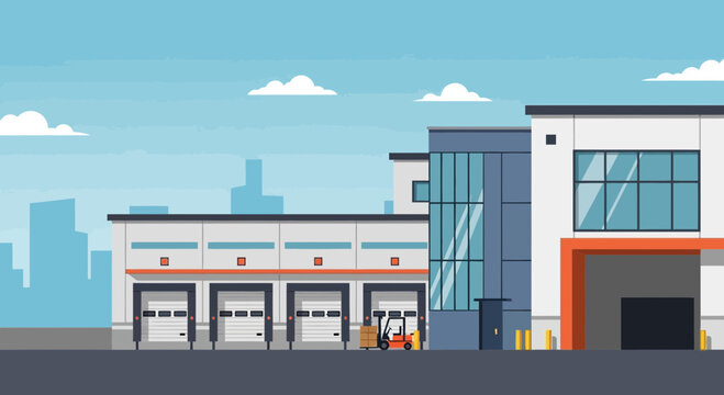 Modern industrial warehouse complex with loading docks and forklift, urban cityscape background