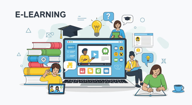 E-learning concept with students and laptop, online education, digital learning, modern study