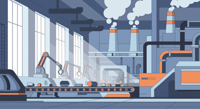 Modern factory interior with robotic arms on assembly line, industrial automation, production process