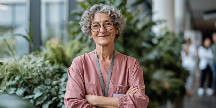 Older woman smiling in pink scrubs in indoor atrium