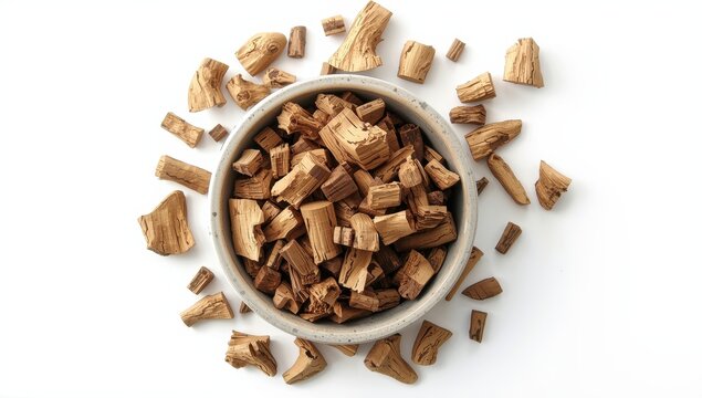 Dried chicory root fragments in a bowl on white background.