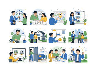 Fototapeta premium Real Estate Property. Homes, rental services, property plans, location search, mortgage process, and housing agency themes. 12 minimalist editorial vector scenes: an agent handing over a house key to