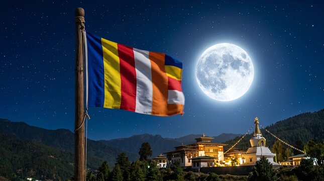 Colorful Buddhist flag fluttering in wind against a glowing full moon