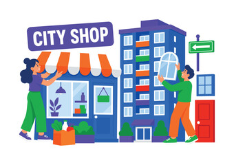 Fototapeta premium Urban Retail Buildings banner scene with 2 expressive stylized human characters interacting with oversized storefront and giant tall apartment building, urban property and commercial street