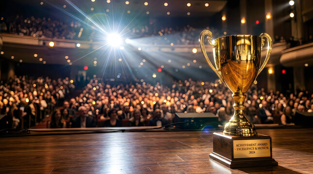Golden trophy cup on theater stage, shiny gold award in front of blurred audience, cinematic championship prize at gala ceremony event isolated on White Background