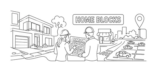 Naklejka premium Residential City Blocks. Banner composition with 2 real estate planners examining a residential block across the full wide canvas, one oversized modern house and one oversized parking lot reaching