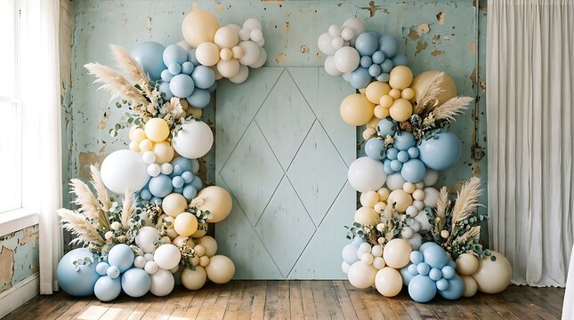 Creative Balloon Garland Decorations With Floral Touches Against Blue Wall