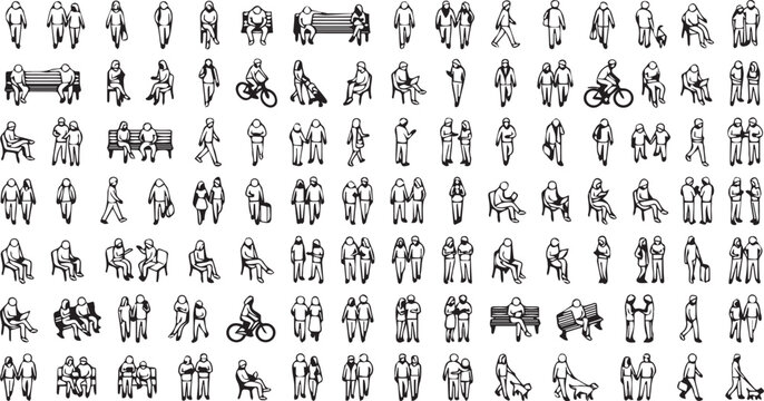 People icons set with various poses and actions in black and white