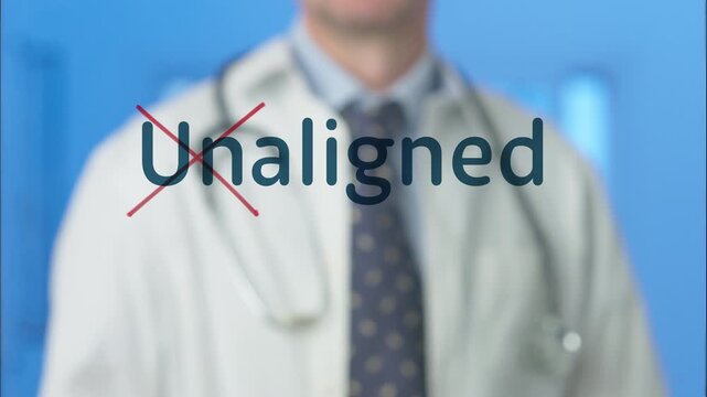 Doctor draws a red X over &ldquo;Un&rdquo; in &ldquo;Unaligned&rdquo;, revealing &ldquo;Aligned&rdquo; on a transparent glass board. Conceptual healthcare scene about orthodontic treatment, dental alignment, smile improvement