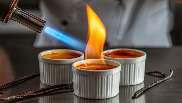 Flamb&eacute;ed classic dessert in ramekins with vanilla, sugar, and blowtorch.