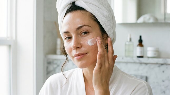 Woman gently applies a white moisturizing cream to her left cheek with her finger while looking forward in a clean, bright bathroom after showering and wrapping her hair in a white towel
