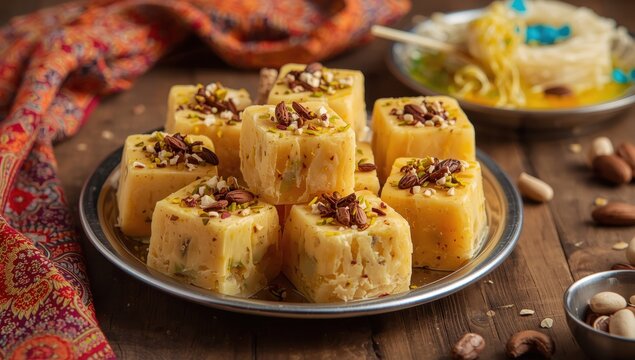 Homemade Rajasthani kulfi, saffron-flavored with nuts, close-up.