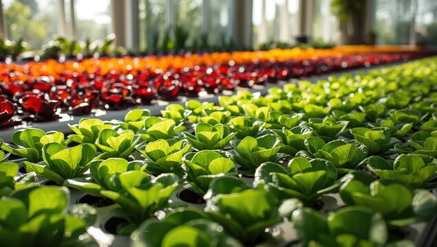 Hydroponic or soilless green oak lettuce and salad seedlings in nursery.