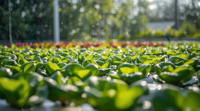 Hydroponic or soilless seedlings of green oak lettuce or salad veggies in a nursery.