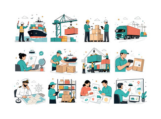 Fototapeta premium Harbor Logistics. Harbor, cargo shipping, container crane, delivery distribution, freight, import, export, dock, port trade, sea transport, unloading and industrial service. 12 minimalist editorial