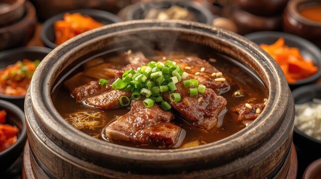 Korean short rib soup with green onion, served in a stone bowl.