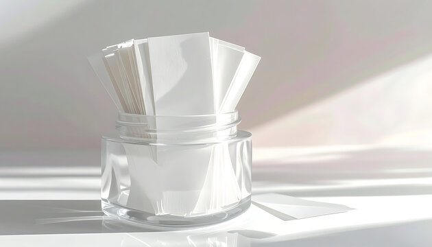 Glass jar filled with white paper slips, clean and simple composition, soft light and shadows, ideal for notes or messages